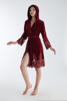 Женский халат Nusa велюровый с капюшоном (Бордовый)