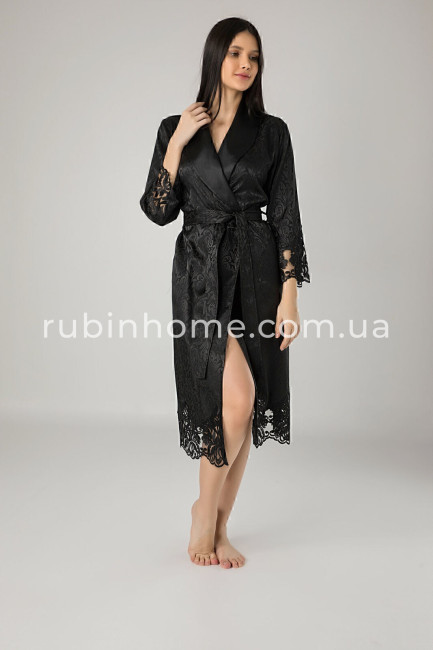 Жіночий сатиновий халат Nusa з мереживом чорний